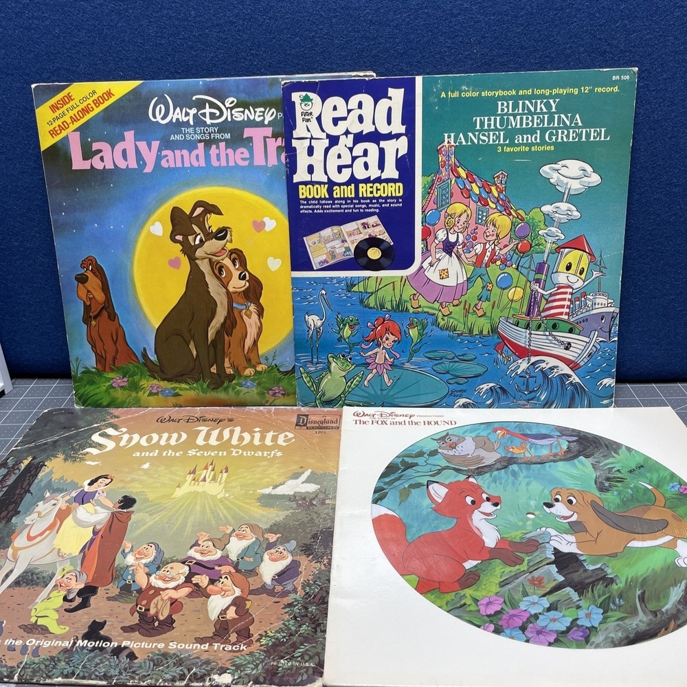 Disney Peter Pan Vinyl Albums Book Lot Of 4 Not Tested Fox Snow White Lady Tramp